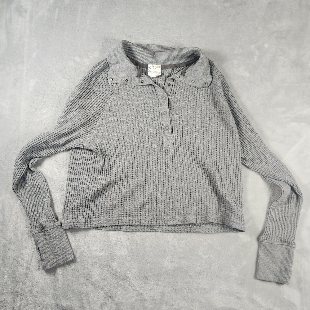OFFLINE by Aerie Gray Waffle Knit Thermal 1/4 Snap Crop Top S Athleisure Cozy